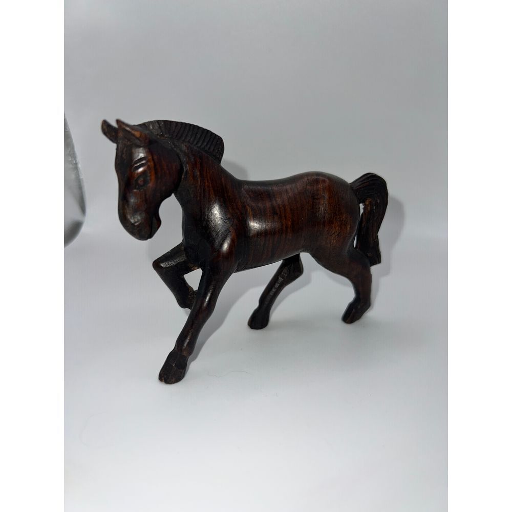 VTG Dark Wood Hand Carved Prancing Horse Figure 4" Western‎ Core Country Decor